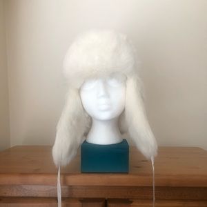 Vintage Real White Rabbit Fur Hat Russian Trapper Earflap Ski Cap